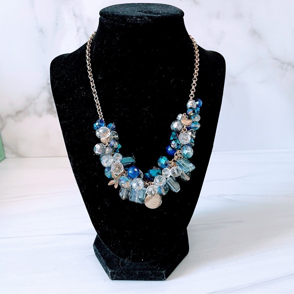 Ocean Beaded Elegant Blue and Silver Necklace- Seashell Charms- Unbranded